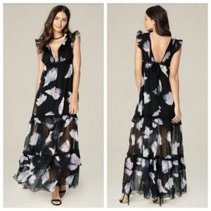 Bebe Meredith Print Tiered Ruffle Watercolor Chiffon Lace Black Maxi Dress Gown